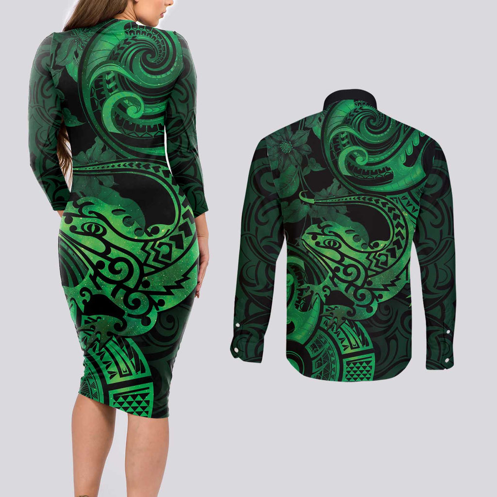 New Zealand Tuatara Couples Matching Long Sleeve Bodycon Dress and Long Sleeve Button Shirt Aotearoa Maori Clematis Flowers - Green