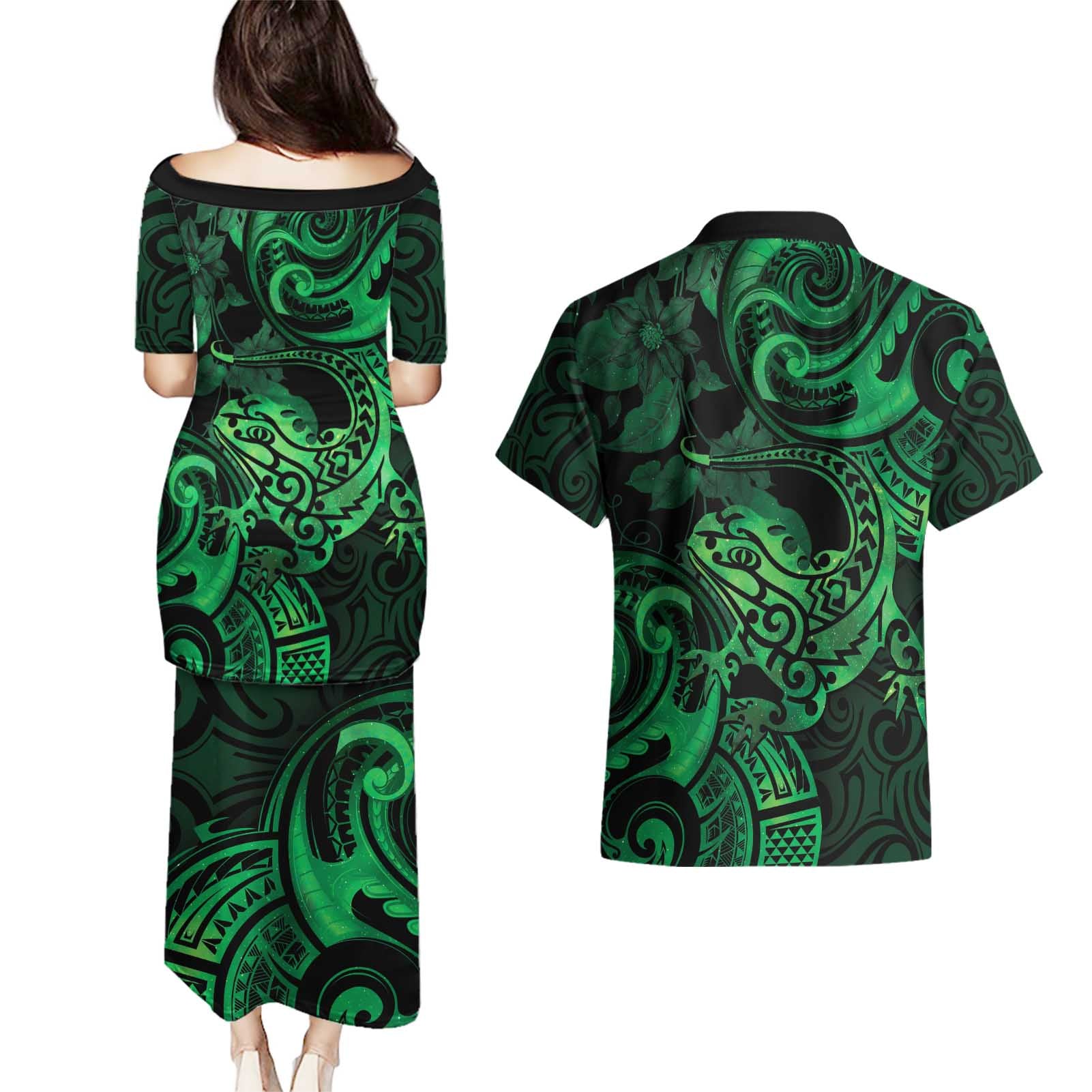 New Zealand Tuatara Couples Matching Puletasi and Hawaiian Shirt Aotearoa Maori Clematis Flowers - Green