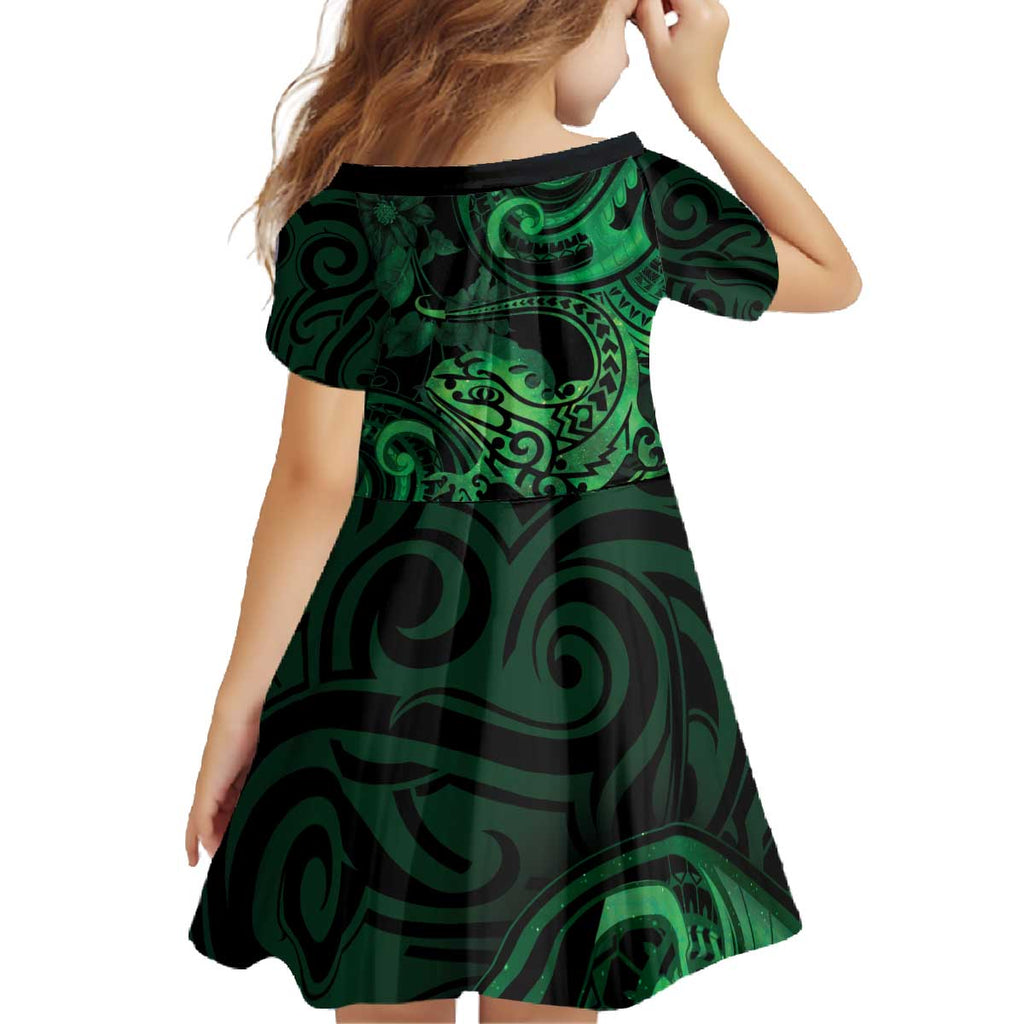 New Zealand Tuatara Family Matching Off The Shoulder Long Sleeve Dress and Hawaiian Shirt Aotearoa Maori Clematis Flowers - Green