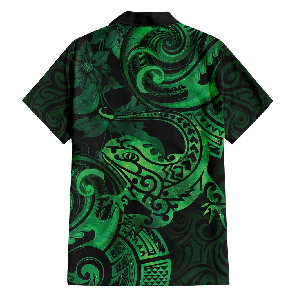 New Zealand Tuatara Family Matching Off The Shoulder Long Sleeve Dress and Hawaiian Shirt Aotearoa Maori Clematis Flowers - Green