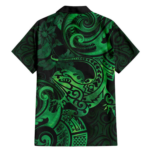 New Zealand Tuatara Family Matching Off Shoulder Short Dress and Hawaiian Shirt Aotearoa Maori Clematis Flowers - Green