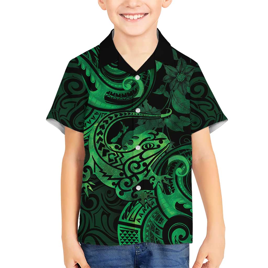 New Zealand Tuatara Hawaiian Shirt Aotearoa Maori Clematis Flowers - Green