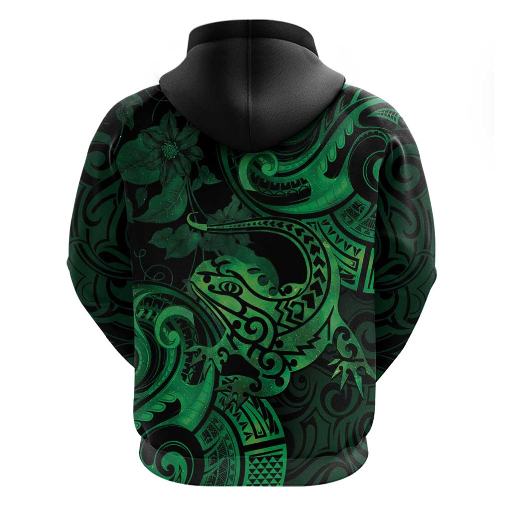 New Zealand Tuatara Hoodie Aotearoa Maori Clematis Flowers - Green