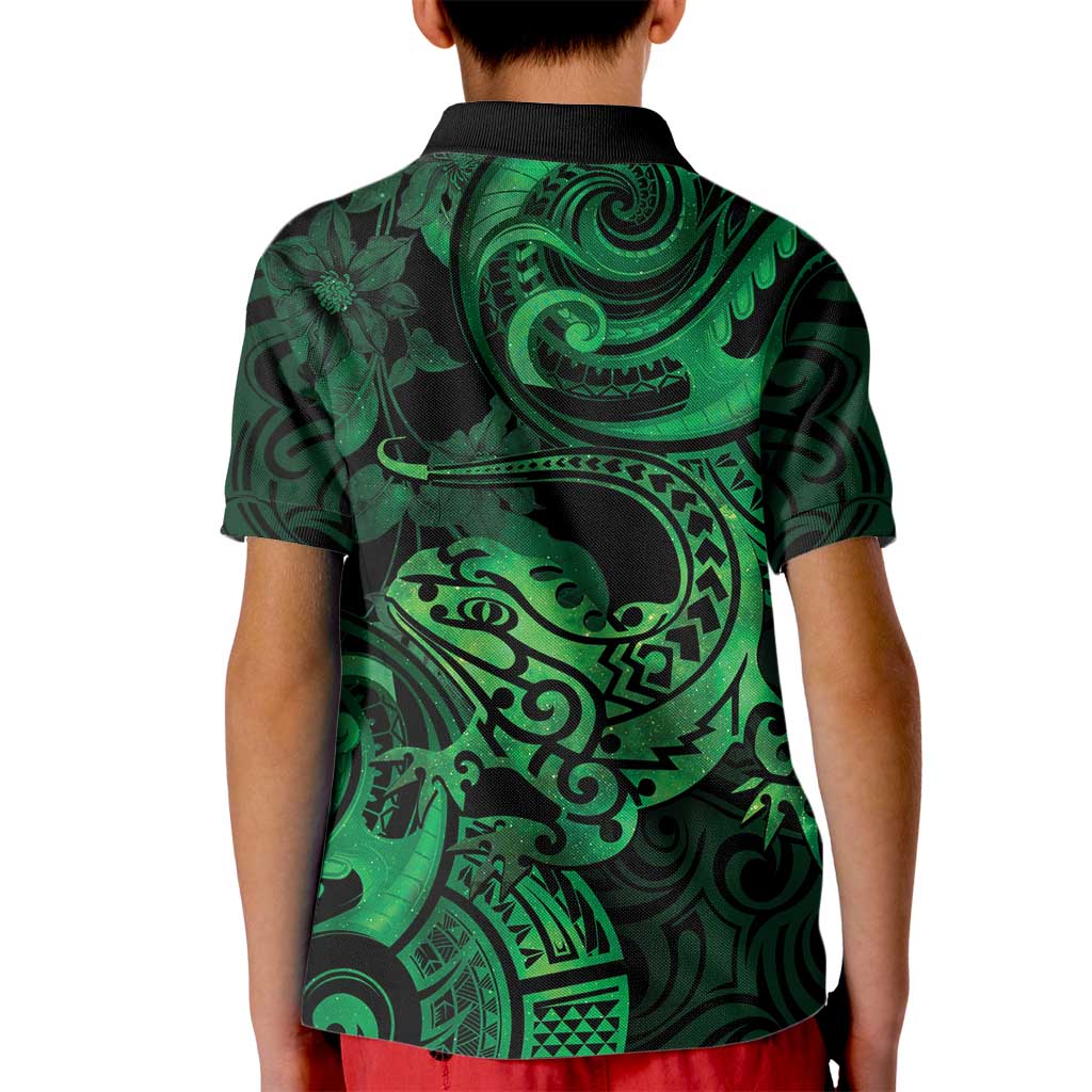New Zealand Tuatara Kid Polo Shirt Aotearoa Maori Clematis Flowers - Green