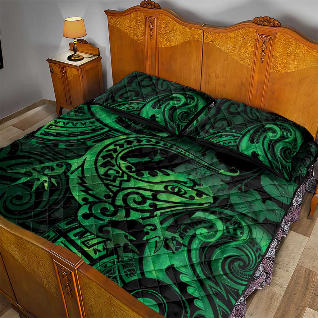 New Zealand Tuatara Quilt Bed Set Aotearoa Maori Clematis Flowers - Green