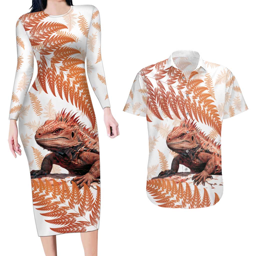 Red New Zealand Tuatara Couples Matching Long Sleeve Bodycon Dress and Hawaiian Shirt Aotearoa Sphenodon Punctatus Silver Fern
