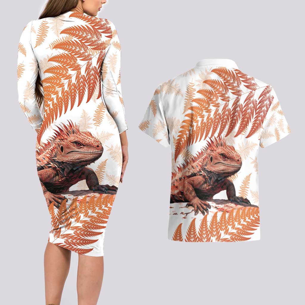 Red New Zealand Tuatara Couples Matching Long Sleeve Bodycon Dress and Hawaiian Shirt Aotearoa Sphenodon Punctatus Silver Fern