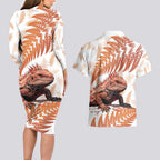 Red New Zealand Tuatara Couples Matching Long Sleeve Bodycon Dress and Hawaiian Shirt Aotearoa Sphenodon Punctatus Silver Fern