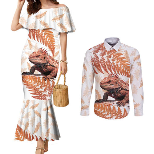 Red New Zealand Tuatara Couples Matching Mermaid Dress and Long Sleeve Button Shirt Aotearoa Sphenodon Punctatus Silver Fern