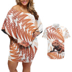 Red New Zealand Tuatara Couples Matching Off Shoulder Short Dress and Hawaiian Shirt Aotearoa Sphenodon Punctatus Silver Fern