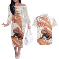 Red New Zealand Tuatara Couples Matching Off The Shoulder Long Sleeve Dress and Hawaiian Shirt Aotearoa Sphenodon Punctatus Silver Fern