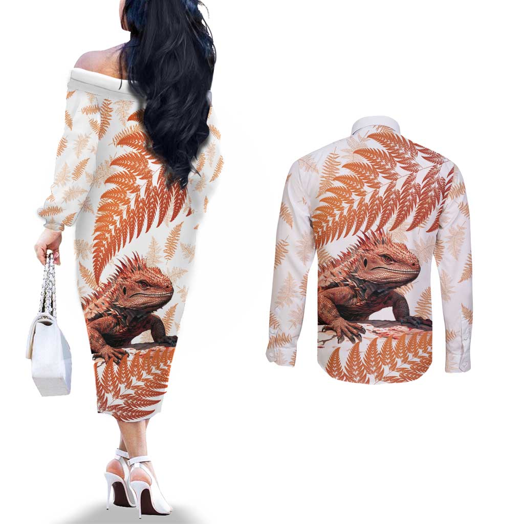 Red New Zealand Tuatara Couples Matching Off The Shoulder Long Sleeve Dress and Long Sleeve Button Shirt Aotearoa Sphenodon Punctatus Silver Fern