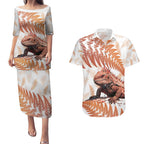 Red New Zealand Tuatara Couples Matching Puletasi and Hawaiian Shirt Aotearoa Sphenodon Punctatus Silver Fern