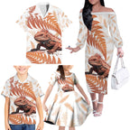 Red New Zealand Tuatara Family Matching Off The Shoulder Long Sleeve Dress and Hawaiian Shirt Aotearoa Sphenodon Punctatus Silver Fern