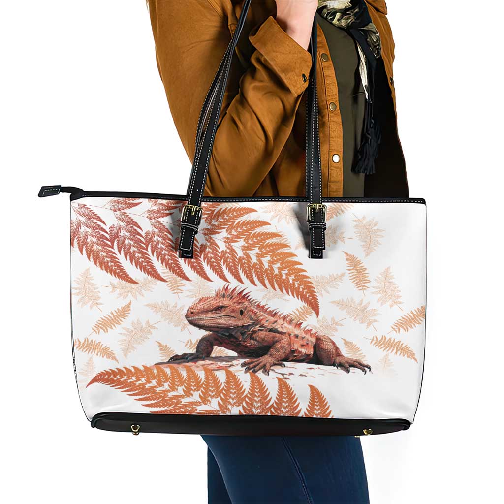 Red New Zealand Tuatara Leather Tote Bag Aotearoa Sphenodon Punctatus Silver Fern