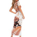 Red New Zealand Tuatara Short Sleeve Bodycon Dress Aotearoa Sphenodon Punctatus Silver Fern