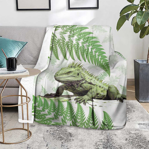 Green New Zealand Tuatara Blanket Aotearoa Sphenodon Punctatus Silver Fern