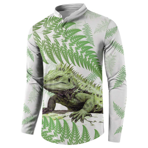 Green New Zealand Tuatara Button Sweatshirt Aotearoa Sphenodon Punctatus Silver Fern