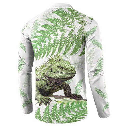 Green New Zealand Tuatara Button Sweatshirt Aotearoa Sphenodon Punctatus Silver Fern