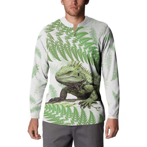 Green New Zealand Tuatara Button Sweatshirt Aotearoa Sphenodon Punctatus Silver Fern