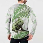 Green New Zealand Tuatara Button Sweatshirt Aotearoa Sphenodon Punctatus Silver Fern
