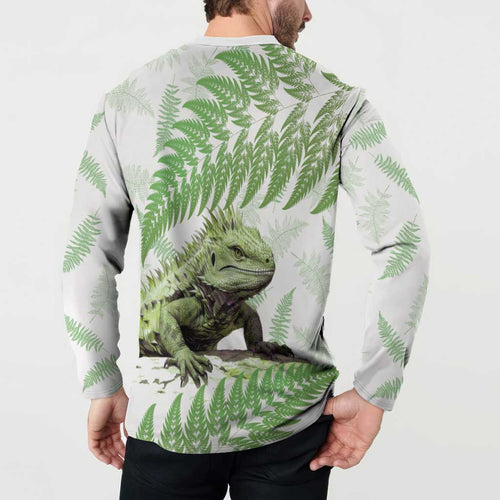 Green New Zealand Tuatara Button Sweatshirt Aotearoa Sphenodon Punctatus Silver Fern