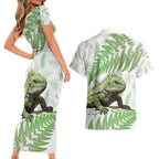 Green New Zealand Tuatara Couples Matching Short Sleeve Bodycon Dress and Hawaiian Shirt Aotearoa Sphenodon Punctatus Silver Fern