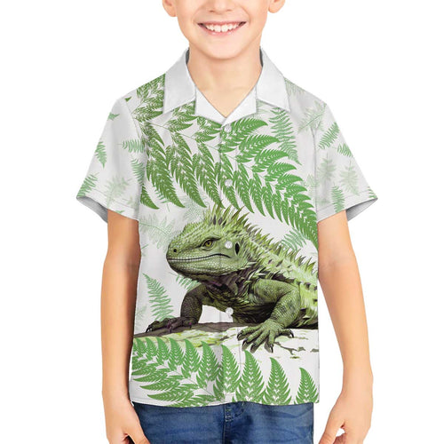Green New Zealand Tuatara Family Matching Off Shoulder Short Dress and Hawaiian Shirt Aotearoa Sphenodon Punctatus Silver Fern