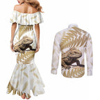 Gold New Zealand Tuatara Couples Matching Mermaid Dress and Long Sleeve Button Shirt Aotearoa Sphenodon Punctatus Silver Fern