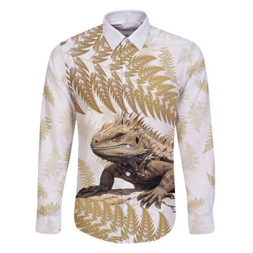 Gold New Zealand Tuatara Family Matching Off Shoulder Short Dress and Hawaiian Shirt Aotearoa Sphenodon Punctatus Silver Fern