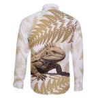 Gold New Zealand Tuatara Family Matching Short Sleeve Bodycon Dress and Hawaiian Shirt Aotearoa Sphenodon Punctatus Silver Fern