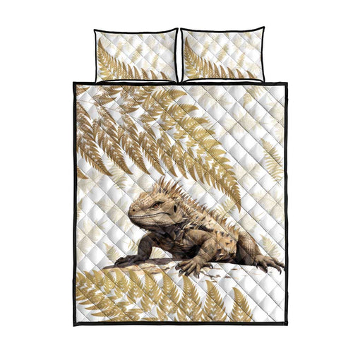 Gold New Zealand Tuatara Quilt Bed Set Aotearoa Sphenodon Punctatus Silver Fern