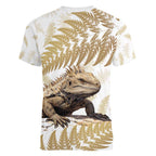 Gold New Zealand Tuatara Women V-Neck T-Shirt Aotearoa Sphenodon Punctatus Silver Fern