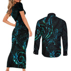 New Zealand Skink Couples Matching Short Sleeve Bodycon Dress and Long Sleeve Button Shirt Aotearoa Maori Mix Paua Shell