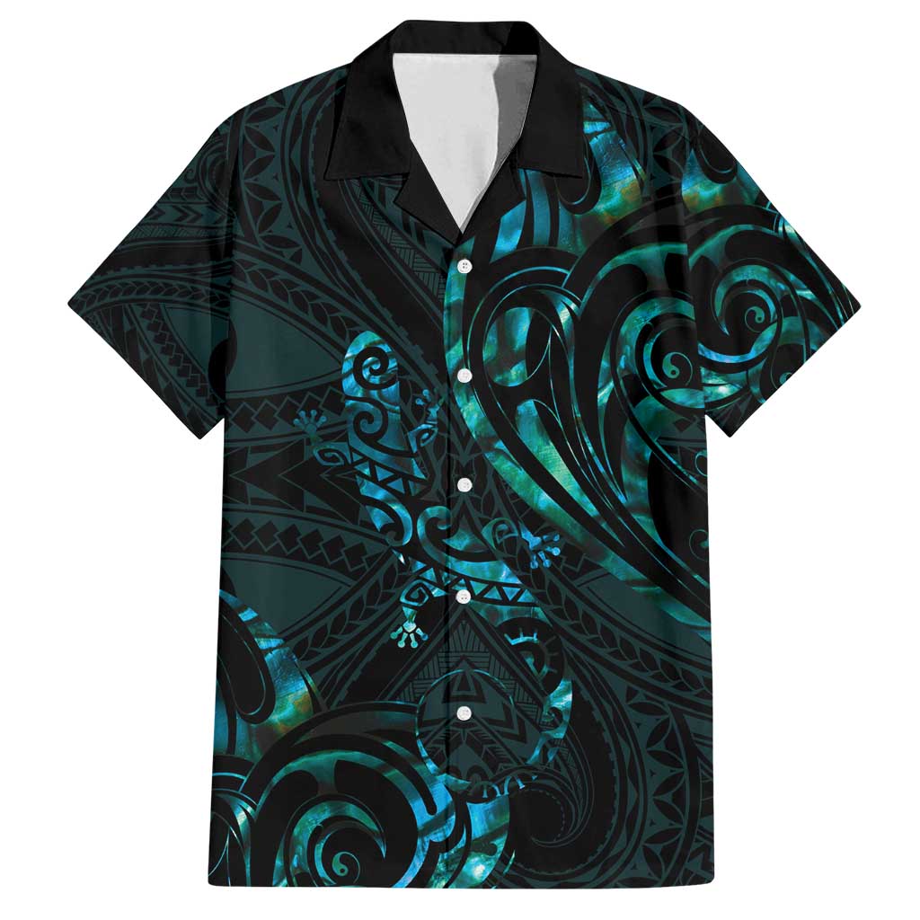 New Zealand Skink Family Matching Long Sleeve Bodycon Dress and Hawaiian Shirt Aotearoa Maori Mix Paua Shell