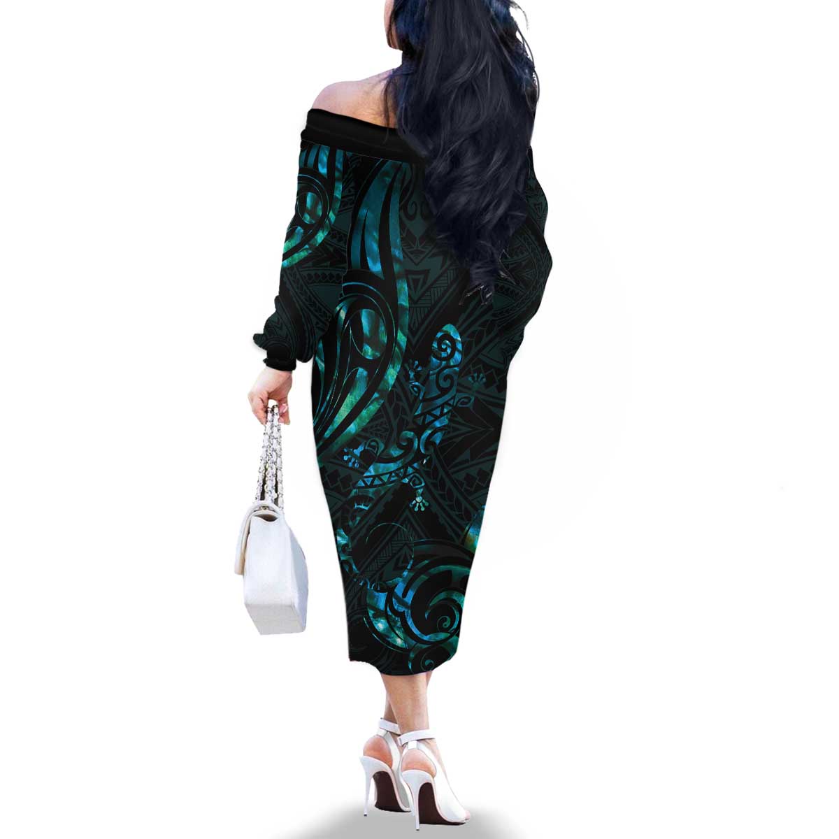 New Zealand Skink Family Matching Off The Shoulder Long Sleeve Dress and Hawaiian Shirt Aotearoa Maori Mix Paua Shell