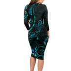 New Zealand Skink Long Sleeve Bodycon Dress Aotearoa Maori Mix Paua Shell
