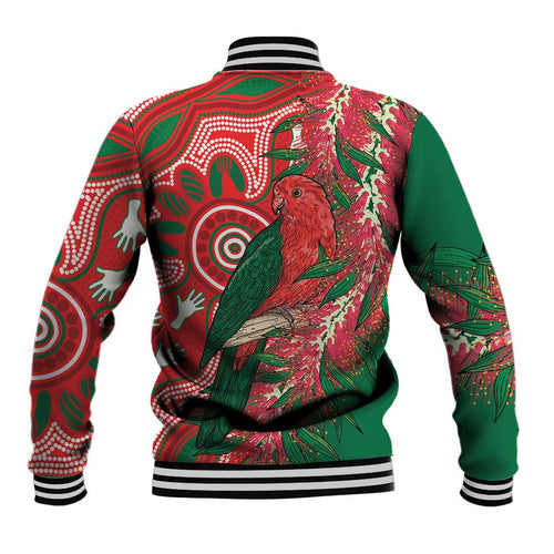 King Parrot Australia Baseball Jacket Bottlebrushes Aboriginal Art - Aussie Hoodie