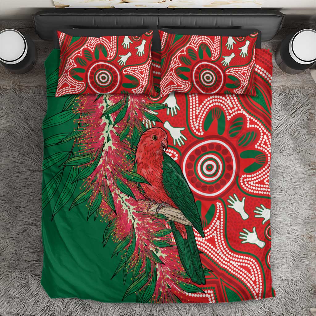 King Parrot Australia Bedding Set Bottlebrushes Aboriginal Art - Aussie Hoodie