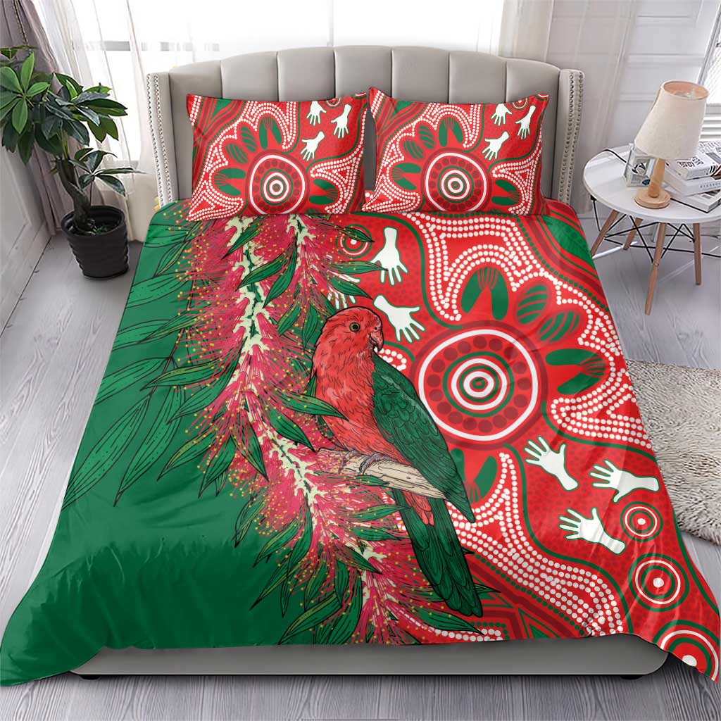 King Parrot Australia Bedding Set Bottlebrushes Aboriginal Art - Aussie Hoodie