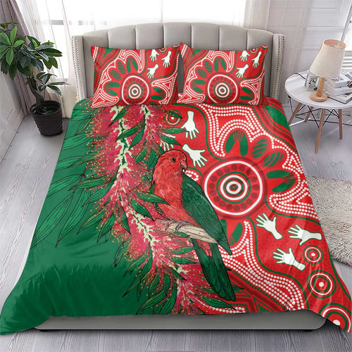 King Parrot Australia Bedding Set Bottlebrushes Aboriginal Art - Aussie Hoodie
