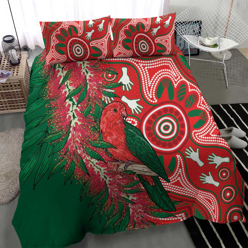 King Parrot Australia Bedding Set Bottlebrushes Aboriginal Art - Aussie Hoodie