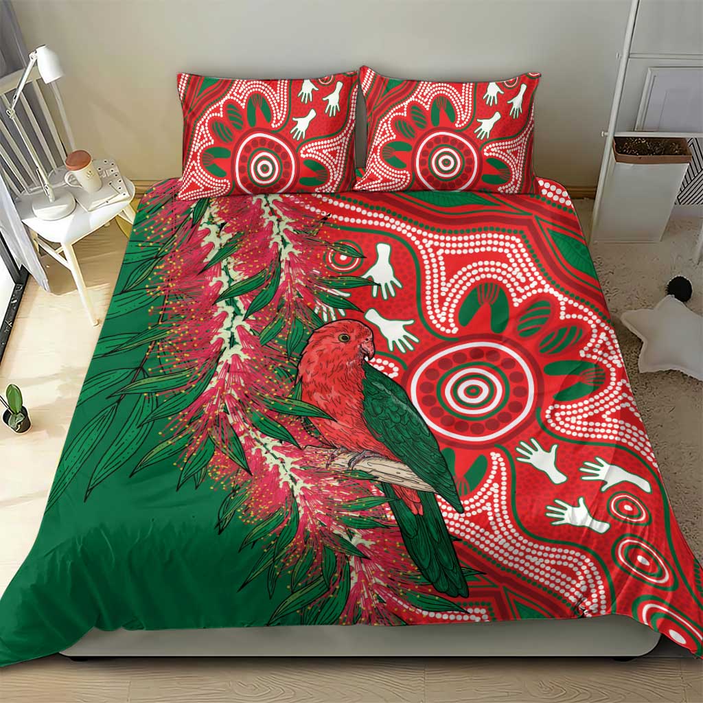 King Parrot Australia Bedding Set Bottlebrushes Aboriginal Art - Aussie Hoodie