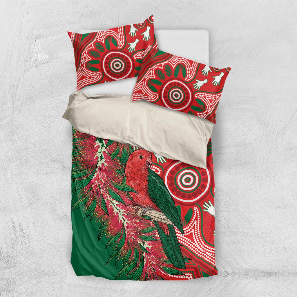 King Parrot Australia Bedding Set Bottlebrushes Aboriginal Art - Aussie Hoodie