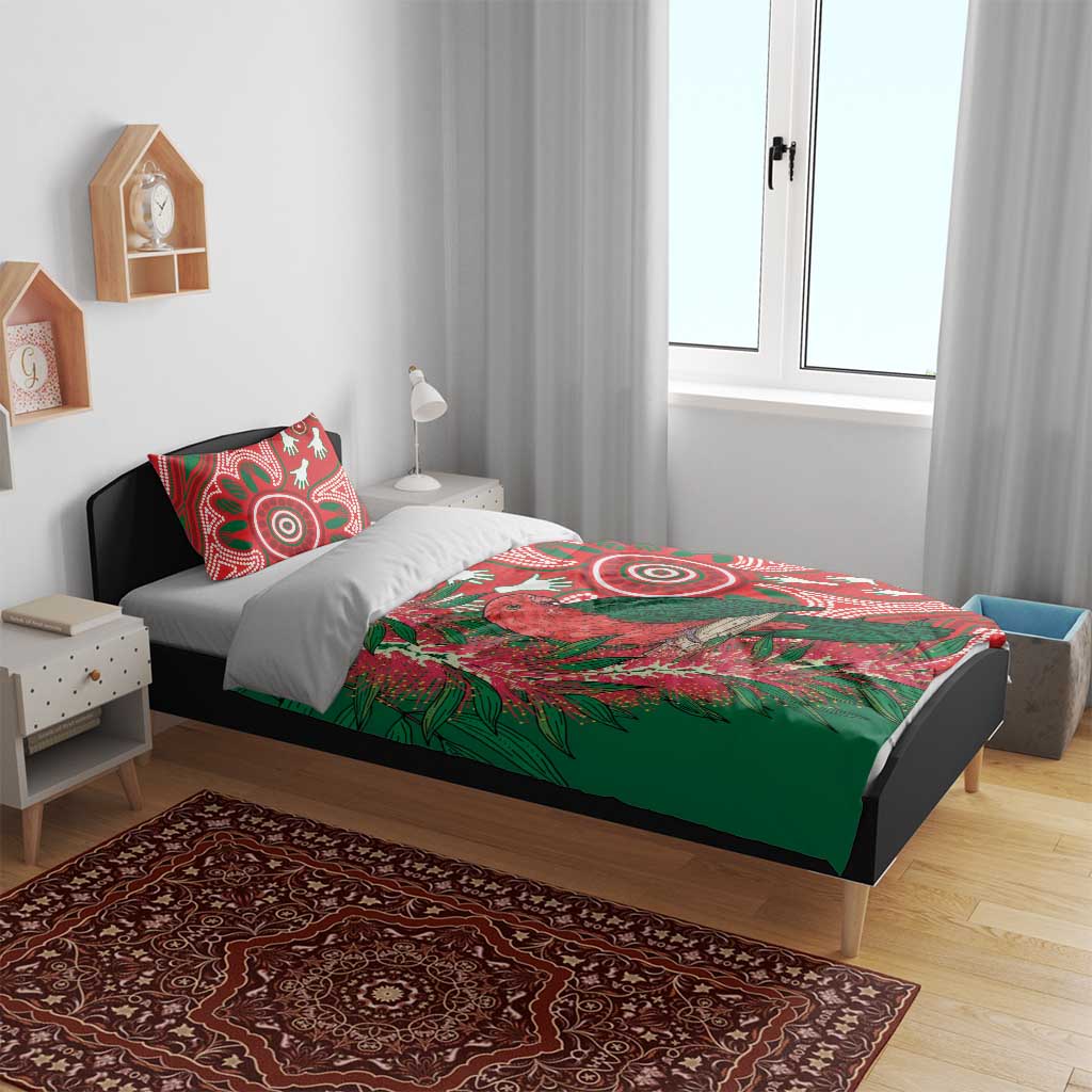 King Parrot Australia Bedding Set Bottlebrushes Aboriginal Art - Aussie Hoodie