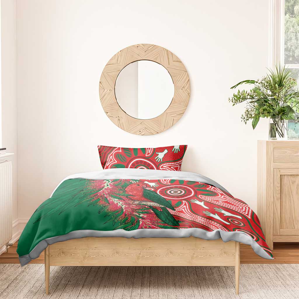 King Parrot Australia Bedding Set Bottlebrushes Aboriginal Art - Aussie Hoodie