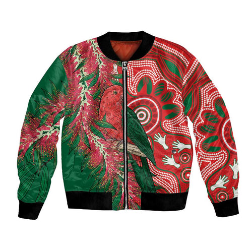 King Parrot Australia Bomber Jacket Bottlebrushes Aboriginal Art - Aussie Hoodie
