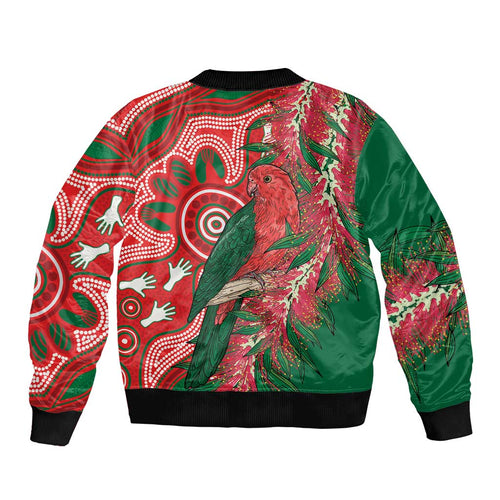King Parrot Australia Bomber Jacket Bottlebrushes Aboriginal Art - Aussie Hoodie