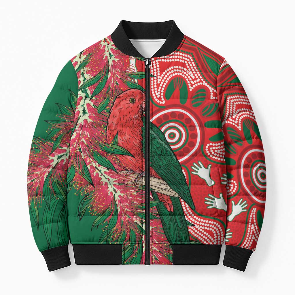 King Parrot Australia Bomber Puffer Jacket Bottlebrushes Aboriginal Art - Aussie Hoodie