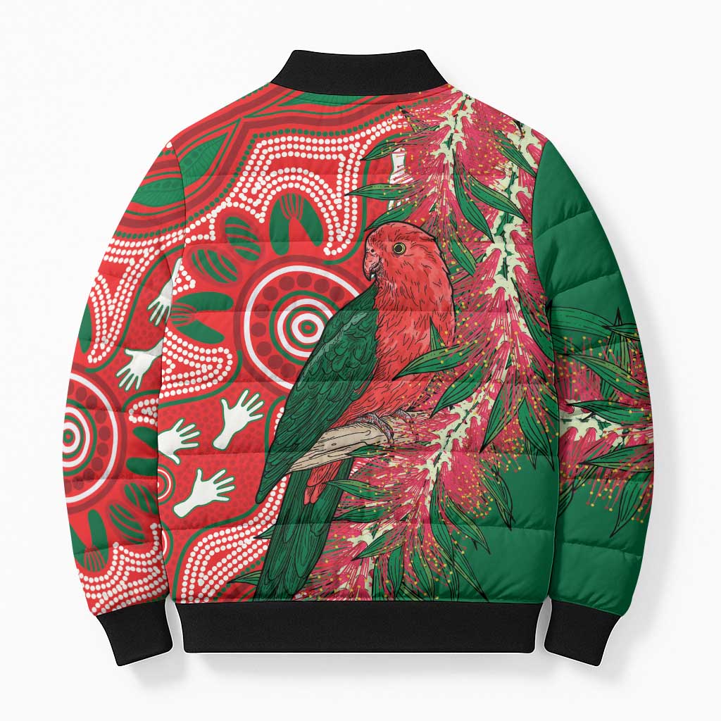 King Parrot Australia Bomber Puffer Jacket Bottlebrushes Aboriginal Art - Aussie Hoodie